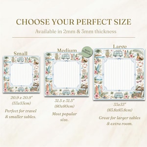 May include: Image showing three sizes of decorative mats with a beach theme. The mats are square, with dimensions of 20.9 x 20.9 inches, 31.5 x 31.5 inches, and 33 x 33 inches. Each mat features a border with surfboards, flowers, and a vintage van.