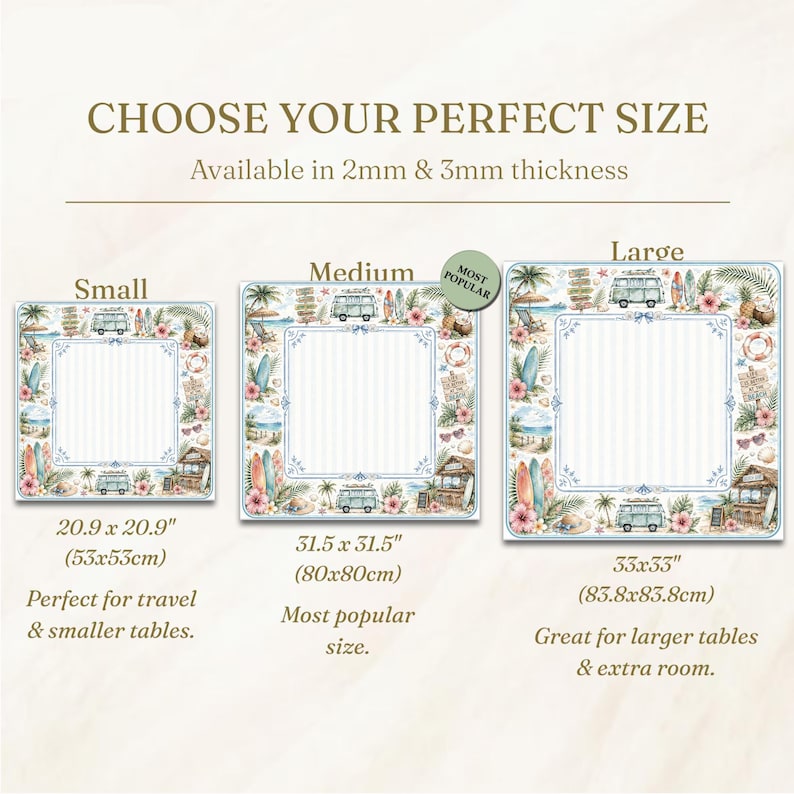 May include: Image showing three sizes of decorative mats with a beach theme. The mats are square, with dimensions of 20.9 x 20.9 inches, 31.5 x 31.5 inches, and 33 x 33 inches. Each mat features a border with surfboards, flowers, and a vintage van.