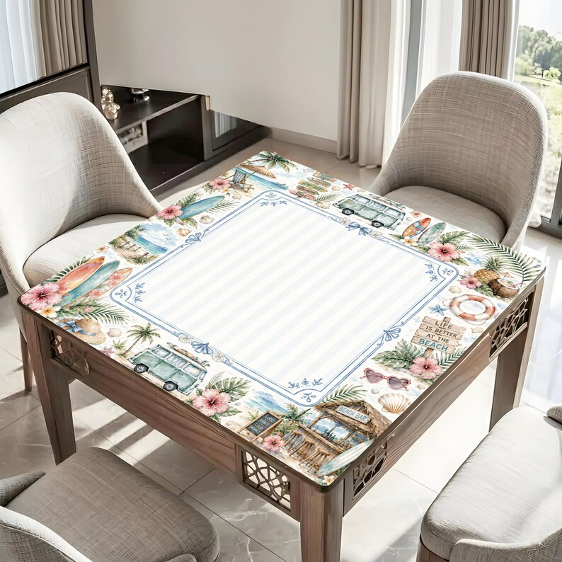 May include: Wooden square table with a beach-themed design. The table features a white and blue striped center, surrounded by illustrations of surfboards, flowers, and a beach bar. The table is surrounded by four chairs.