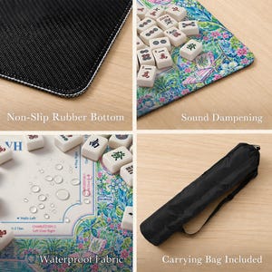 May include: A mahjong mat featuring a colorful floral and garden print with white tiles, a non-slip black rubber bottom, and a waterproof fabric surface. The set includes a black carrying bag with a strap for storage and transport.