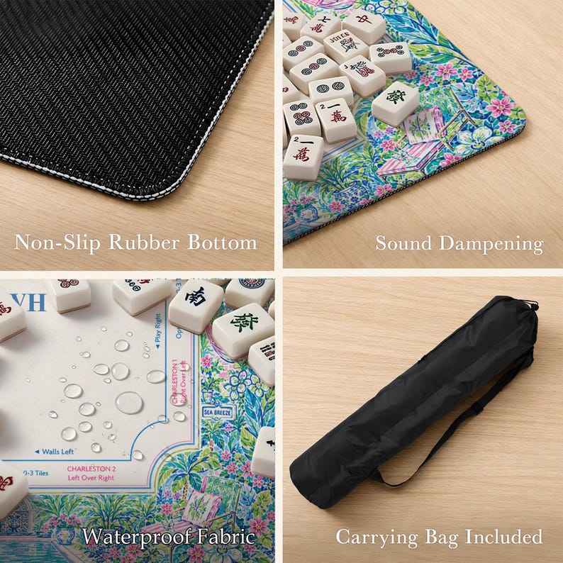 May include: A mahjong mat featuring a colorful floral and garden print with white tiles, a non-slip black rubber bottom, and a waterproof fabric surface. The set includes a black carrying bag with a strap for storage and transport.