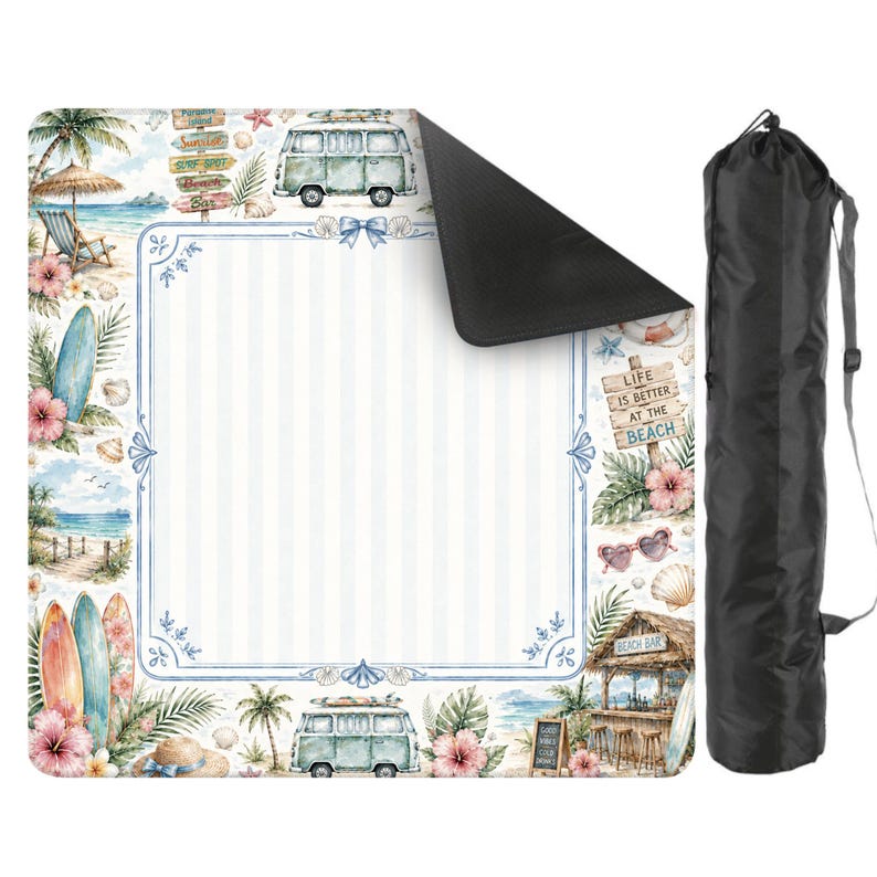May include: A beach-themed picnic blanket with a blue and white striped center, surrounded by watercolor illustrations of surfboards, hibiscus flowers, and a vintage van. Includes a black carrying bag with a shoulder strap.
