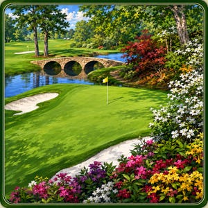 May include: A vibrant landscape painting of a golf course featuring a green putting area with a yellow flag, a sand bunker, a stone bridge with three arches over a blue stream, and lush foreground flowers in shades of pink, white, and yellow.
