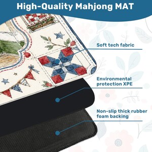 May include: A high-quality Mahjong mat with a decorative design featuring red, white, and blue elements. The mat has a soft tech fabric surface, environmental protection XPE, and a non-slip thick rubber foam backing. The text "High-Quality Mahjong MAT" is at the top.