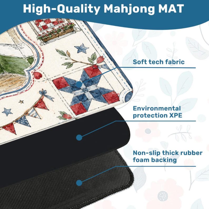 May include: A high-quality Mahjong mat with a decorative design featuring red, white, and blue elements. The mat has a soft tech fabric surface, environmental protection XPE, and a non-slip thick rubber foam backing. The text "High-Quality Mahjong MAT" is at the top.