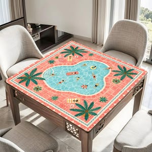 Tropical Pool Party Mahjong Mat, Pink Palm Tree Mahjong Table Cover, Summer Resort Game Mat, Waterproof Mahjong Gift image 4
