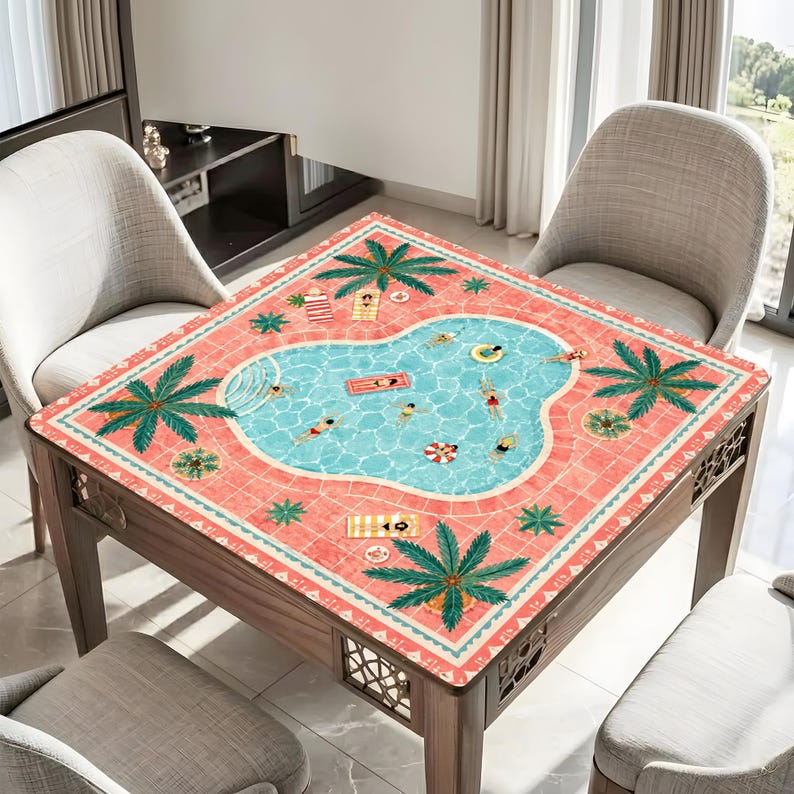 Tropical Pool Party Mahjong Mat, Pink Palm Tree Mahjong Table Cover, Summer Resort Game Mat, Waterproof Mahjong Gift image 4