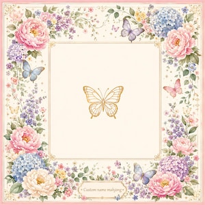 May include: A square decorative print featuring a central gold butterfly outline surrounded by a floral border of pink peonies, blue hydrangeas, and small purple flowers. Several butterflies are interspersed among the blooms. A label at the bottom reads Custom name mahjong.