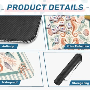 May include: Product details image showing a mahjong mat with a marine theme, featuring seahorses, shells, and game tiles. The mat is anti-slip, waterproof, and noise-reducing. Includes a storage bag. Text on the image reads "Product Details".
