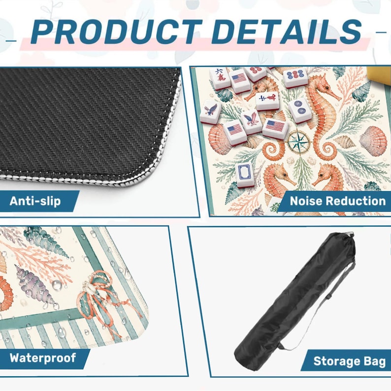 May include: Product details image showing a mahjong mat with a marine theme, featuring seahorses, shells, and game tiles. The mat is anti-slip, waterproof, and noise-reducing. Includes a storage bag. Text on the image reads "Product Details".