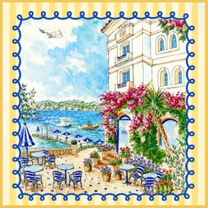 Puede incluir: Ilustraci&oacute;n en acuarela de un caf&eacute; junto al mar con sombrillas, mesas y sillas a rayas azules y blancas. Un edificio blanco con un letrero de bar est&aacute; cubierto de flores rosas. Un borde azul enmarca la imagen.