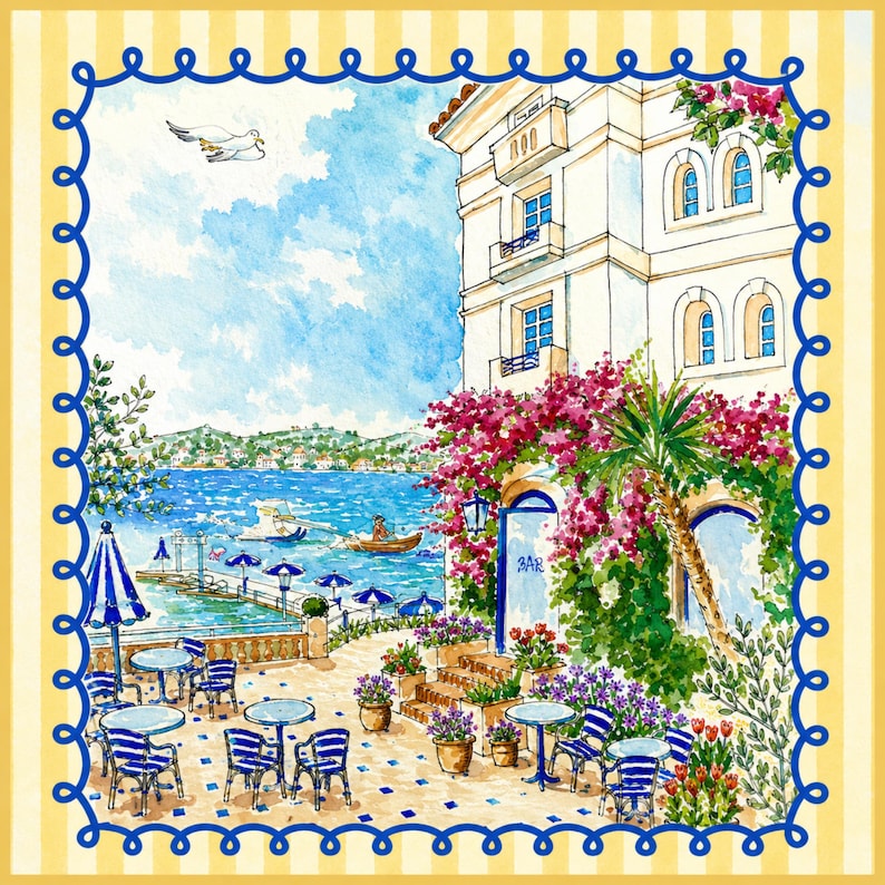 Puede incluir: Ilustraci&oacute;n en acuarela de un caf&eacute; junto al mar con sombrillas, mesas y sillas a rayas azules y blancas. Un edificio blanco con un letrero de bar est&aacute; cubierto de flores rosas. Un borde azul enmarca la imagen.