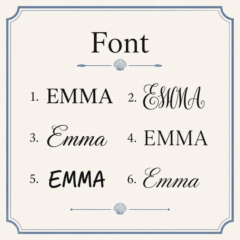 May include: A cream-colored graphic with the word "Font" at the top, followed by six different font styles of the name "EMMA". The image is framed with a blue border and decorative elements.