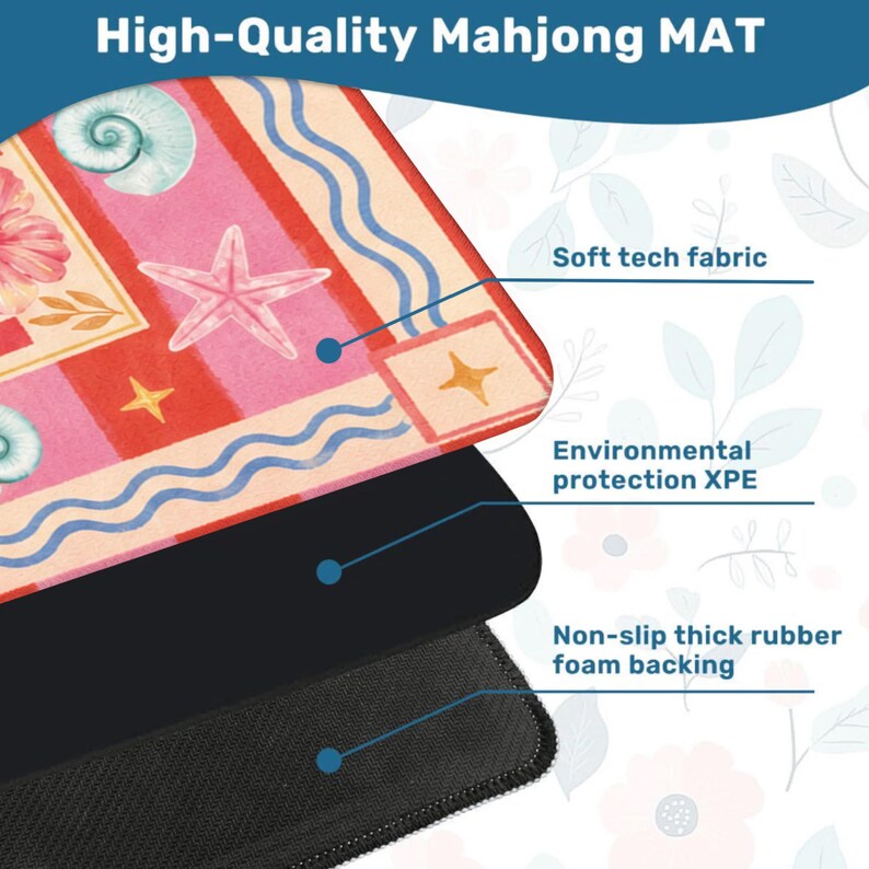 K&ouml;nnte beinhalten: Ein farbenfrohes Mahjong-Spielbrett mit Strandmotiv, das ein rosa-rotes Streifendesign mit Seestern- und Muschelmotiven aufweist. Die Matte hat eine Oberfl&auml;che aus weichem Tech-Gewebe, Umweltschutz XPE und eine rutschfeste, dicke Schaumstoffr&uuml;cken. Der Text "High-Quality Mahjong MAT" steht oben.