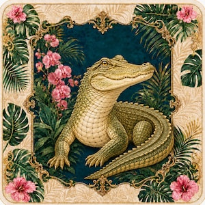 Pode incluir: Uma impressão decorativa quadrada apresentando um jacaré verde central rodeado por flores de orquídea cor-de-rosa e folhas de palmeira verde-escuras. A imagem está inserida numa moldura dourada ornamentada sobre um fundo bege claro com padrões de folhas.