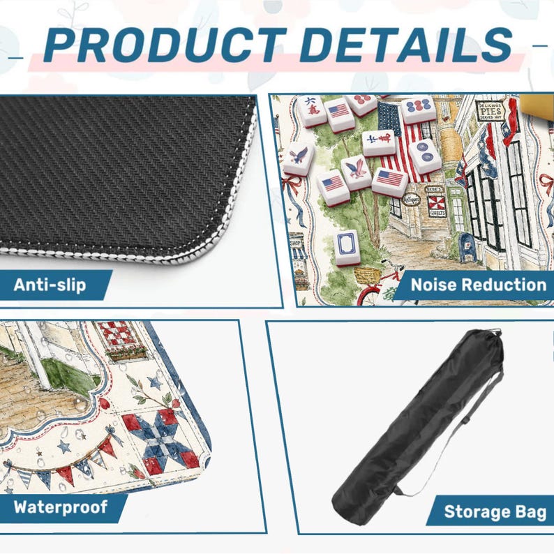 May include: Image detailing product features: a black, anti-slip surface, a mahjong set with American flag tiles, a waterproof mat with patriotic patterns, and a black storage bag. Text reads "PRODUCT DETAILS".