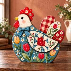 Quilt Pattern Chicken Wooden Shelf Sitter, Blue Floral Hen with Tulips and Daisies, Gift for Quilters