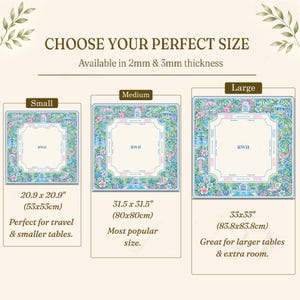 May include: A size guide for square mats featuring three options labeled Small, Medium, and Large. The mats have a cream center with the letters RWH, surrounded by a blue, green, and pink floral border. Dimensions are 20.9 x 20.9 inches, 31.5 x 31.5 inches, and 33 x 33 inches.