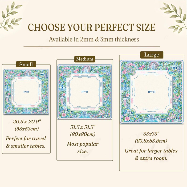 May include: A size guide for square mats featuring three options labeled Small, Medium, and Large. The mats have a cream center with the letters RWH, surrounded by a blue, green, and pink floral border. Dimensions are 20.9 x 20.9 inches, 31.5 x 31.5 inches, and 33 x 33 inches.