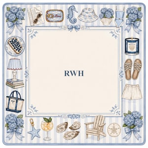 May include: A square illustration with a blue and white striped border, featuring various beach-themed elements. Includes hydrangeas, a seahorse, a sun hat, a swimsuit, a candle, sandals, shorts, oysters, a beach chair, and the initials "RWH".
