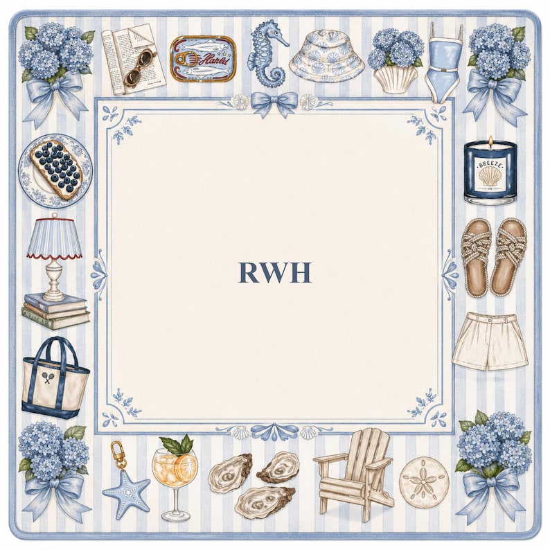 May include: A square illustration with a blue and white striped border, featuring various beach-themed elements. Includes hydrangeas, a seahorse, a sun hat, a swimsuit, a candle, sandals, shorts, oysters, a beach chair, and the initials "RWH".
