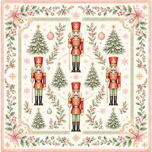 May include: A square textile featuring a repeating pattern of nutcracker figures in red uniforms, decorated Christmas trees, holly branches with red berries, pink bows, and snowflakes on a cream background with a thin pink border.