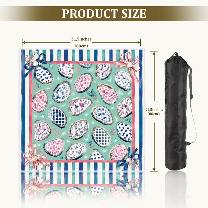 May include: A square blanket with a mint green background featuring a pattern of oyster shells with various blue and pink floral or checkered prints. The blanket has a striped border and four corner bows. It measures 31.5 inches by 31.5 inches.