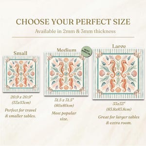 May include: Square decorative tiles with seahorse and seashell designs in three sizes: 20.9 x 20.9 inches, 31.5 x 31.5 inches, and 33 x 33 inches. The tiles have a striped border and are available in 2mm and 3mm thickness. Text reads "Choose Your Perfect Size."