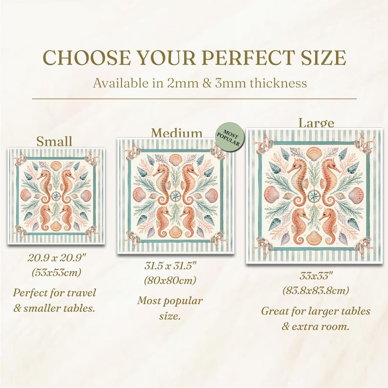 May include: Square decorative tiles with seahorse and seashell designs in three sizes: 20.9 x 20.9 inches, 31.5 x 31.5 inches, and 33 x 33 inches. The tiles have a striped border and are available in 2mm and 3mm thickness. Text reads "Choose Your Perfect Size."
