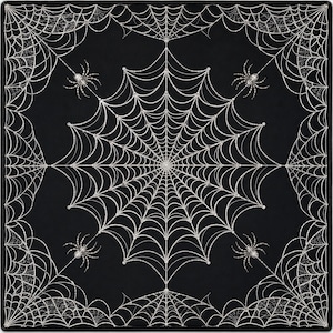 May include: A square black fabric piece featuring a detailed white spiderweb pattern. The design includes a large central web, corner web sections, and four spiders positioned symmetrically between the central web and the corners of the fabric.