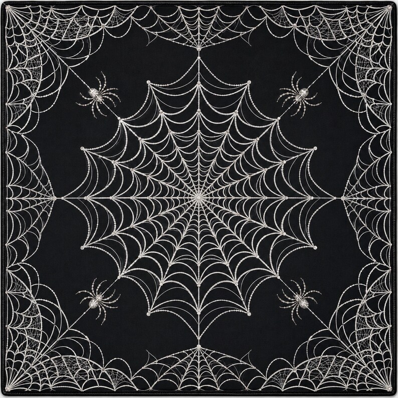May include: A square black fabric piece featuring a detailed white spiderweb pattern. The design includes a large central web, corner web sections, and four spiders positioned symmetrically between the central web and the corners of the fabric.