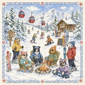 May include: Watercolor illustration of dogs enjoying a winter ski resort scene. Dogs are skiing, snowboarding, and relaxing by a fire. The image includes ski lifts, a lodge, and the text "Paw Peak Lodge" and "Apres Ski".