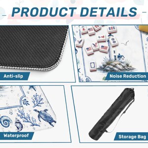 Puede incluir: Imagen de detalles del producto que muestra una alfombra antideslizante, una alfombra estampada en azul y blanco con fichas de mahjong y una bolsa de almacenamiento negra. La alfombra presenta un dise&ntilde;o n&aacute;utico con un faro, criaturas marinas y el texto "Waterproof" y "Noise Reduction".