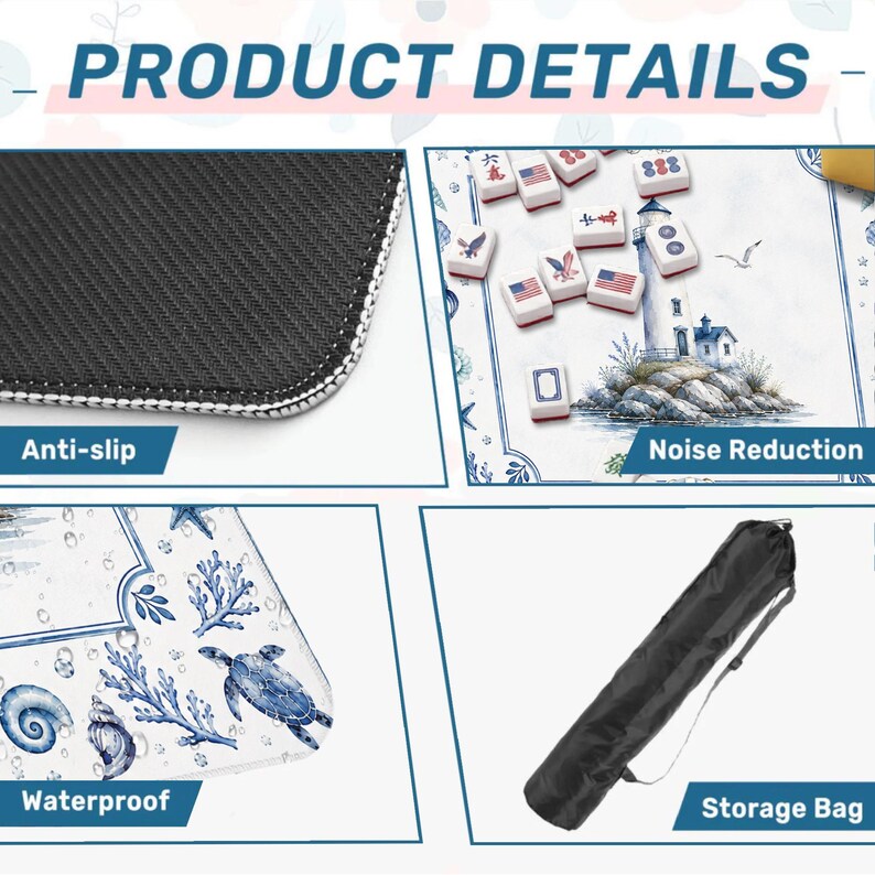 Puede incluir: Imagen de detalles del producto que muestra una alfombra antideslizante, una alfombra estampada en azul y blanco con fichas de mahjong y una bolsa de almacenamiento negra. La alfombra presenta un dise&ntilde;o n&aacute;utico con un faro, criaturas marinas y el texto "Waterproof" y "Noise Reduction".