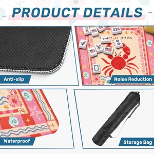 K&ouml;nnte beinhalten: Produkt-Details-Bild. Oben links ist die rutschfeste Unterseite einer Matte zu sehen. Oben rechts ist ein Mahjong-Spiel zu sehen. Unten links ist eine wasserdichte Matte zu sehen. Unten rechts ist eine Aufbewahrungstasche zu sehen.