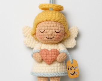 Adorno de ángel para coche de ganchillo: ángel de la guarda hecho a mano con etiqueta "Drive Safe"