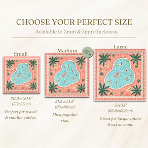 May include: A size guide for square mats featuring a pool scene with palm trees and swimmers. Three sizes are shown: Small at 20.9 x 20.9 inches, Medium at 31.5 x 31.5 inches, and Large at 33 x 33 inches. The mats are available in 2mm and 3mm thickness.