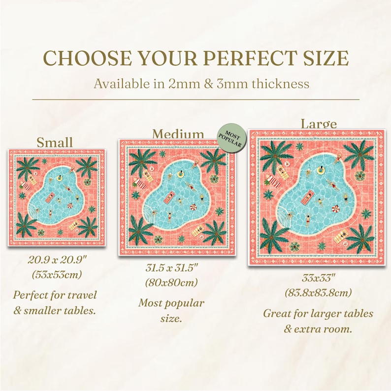 May include: A size guide for square mats featuring a pool scene with palm trees and swimmers. Three sizes are shown: Small at 20.9 x 20.9 inches, Medium at 31.5 x 31.5 inches, and Large at 33 x 33 inches. The mats are available in 2mm and 3mm thickness.