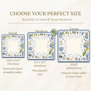 May include: Image showing three square placemats with a blue and white coastal design. The placemats are labeled Small (20.9 x 20.9 inches), Medium (31.5 x 31.5 inches), and Large (33 x 33 inches). The text reads "CHOOSE YOUR PERFECT SIZE".