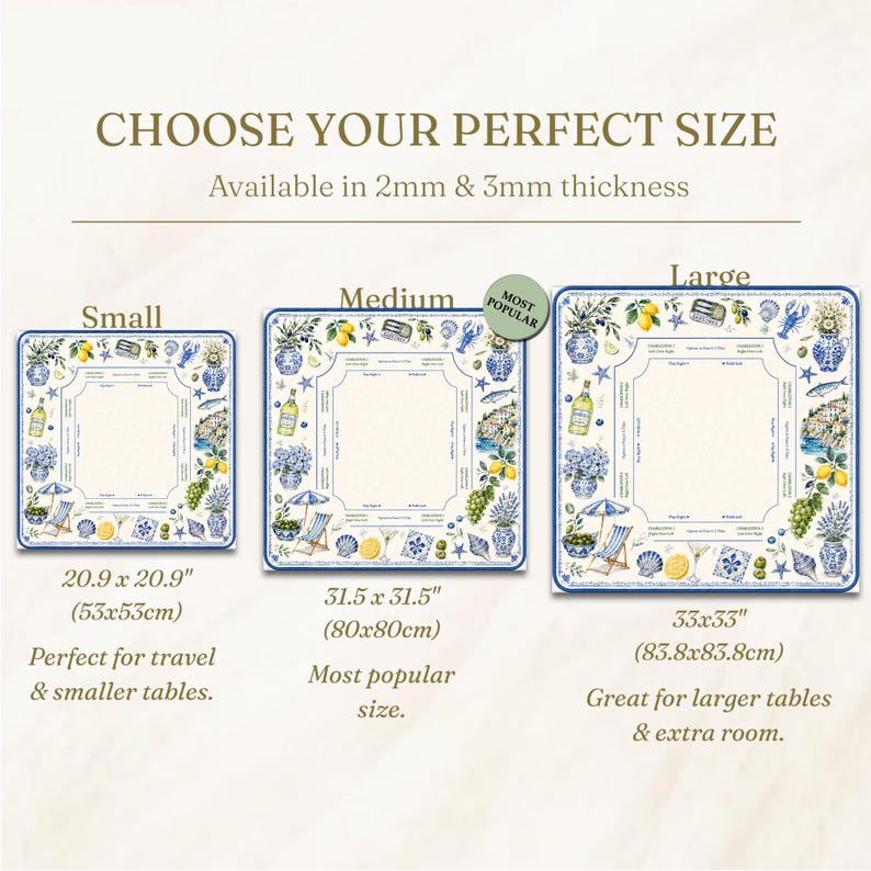 May include: Image showing three square placemats with a blue and white coastal design. The placemats are labeled Small (20.9 x 20.9 inches), Medium (31.5 x 31.5 inches), and Large (33 x 33 inches). The text reads "CHOOSE YOUR PERFECT SIZE".