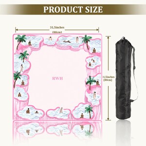 May include: A square pink mat featuring a border of illustrated blue water pools, palm trees, and figures, with the text RWH in the center. It measures 31.5 inches by 31.5 inches and includes a black cylindrical carrying bag with a shoulder strap.