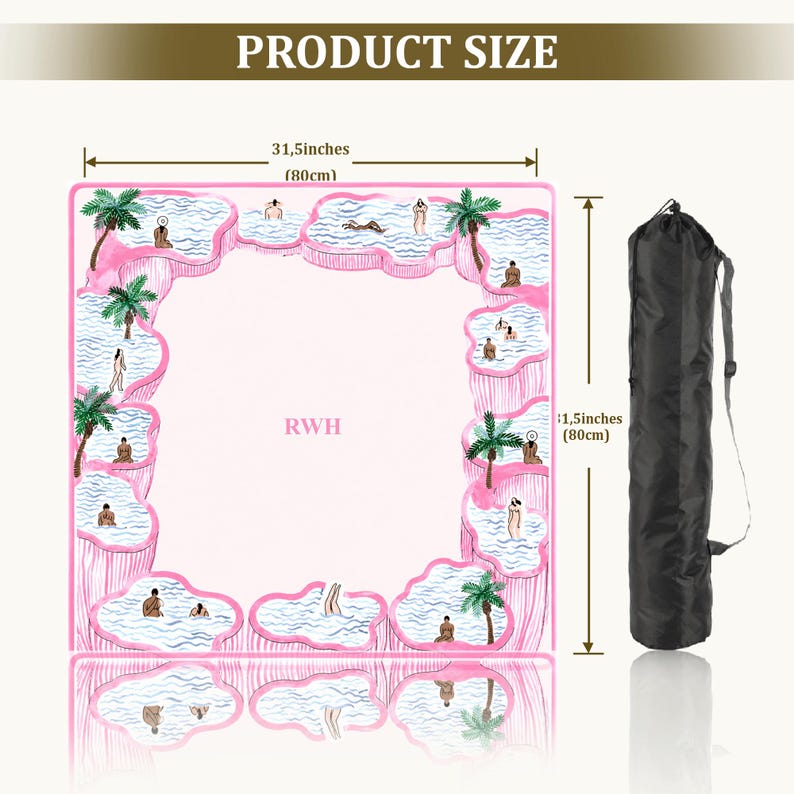 May include: A square pink mat featuring a border of illustrated blue water pools, palm trees, and figures, with the text RWH in the center. It measures 31.5 inches by 31.5 inches and includes a black cylindrical carrying bag with a shoulder strap.