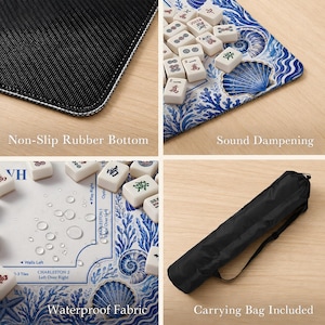 May include: A mahjong mat featuring a blue and white seashell and coral pattern with white tiles. The mat has a non-slip rubber bottom, sound dampening properties, and waterproof fabric. A black carrying bag is included with the set.