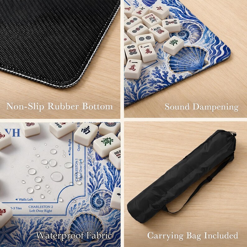 May include: A mahjong mat featuring a blue and white seashell and coral pattern with white tiles. The mat has a non-slip rubber bottom, sound dampening properties, and waterproof fabric. A black carrying bag is included with the set.