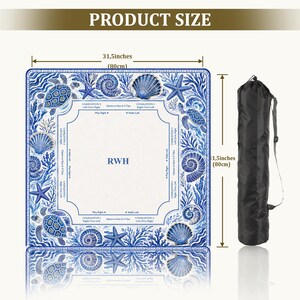 May include: A square mahjong mat featuring a blue and white sea life pattern with turtles, starfish, and shells. The center displays the letters RWH and game instructions. It measures 31.5 inches by 31.5 inches and includes a black carrying bag.