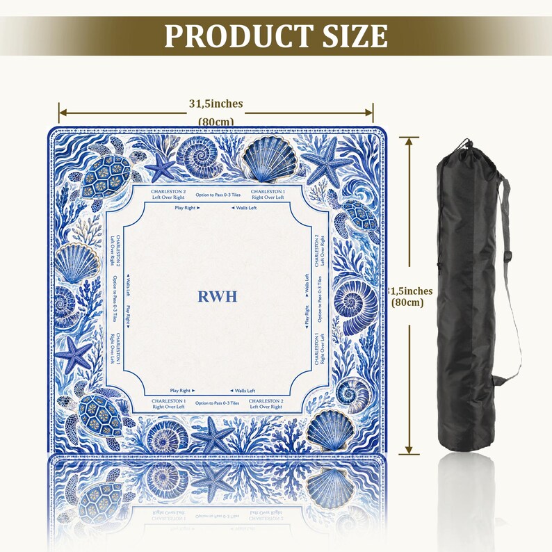 May include: A square mahjong mat featuring a blue and white sea life pattern with turtles, starfish, and shells. The center displays the letters RWH and game instructions. It measures 31.5 inches by 31.5 inches and includes a black carrying bag.