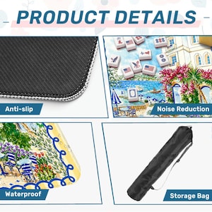 Puede incluir: Imagen que muestra los detalles del producto de una alfombra de juego. Las caracter&iacute;sticas incluyen una parte inferior antideslizante, una superficie impermeable y reducci&oacute;n de ruido. La alfombra tiene un dise&ntilde;o colorido con una escena de playa y viene con una bolsa de almacenamiento. El texto "PRODUCT DETAILS" est&aacute; en la parte superior.