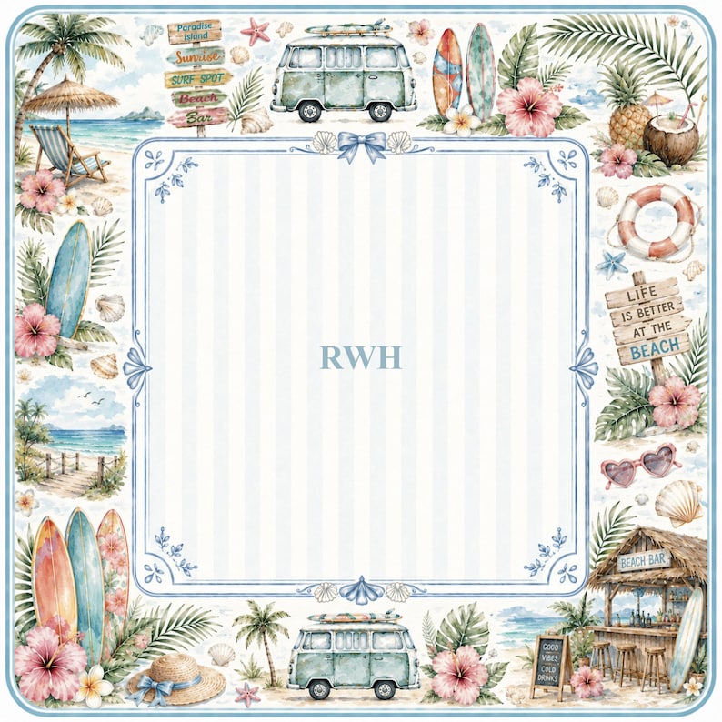 May include: A square, beach-themed illustration with a white and blue striped center. The border features surfboards, a vintage van, tropical flowers, and beach scenes. Text includes "Paradise Island", "Surf Spot", "Beach Bar", and "Life is Better at the Beach".