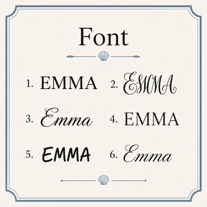 May include: A cream-colored graphic with the word "Font" at the top, and the name "EMMA" in six different fonts below. The image has a blue border and decorative elements.