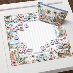 May include: A beach-themed mahjong set with a matching zippered pouch. The set includes tiles with Chinese characters and American flag designs, a play mat with a beach scene, and the text "LIFE IS BETTER AT THE BEACH".
